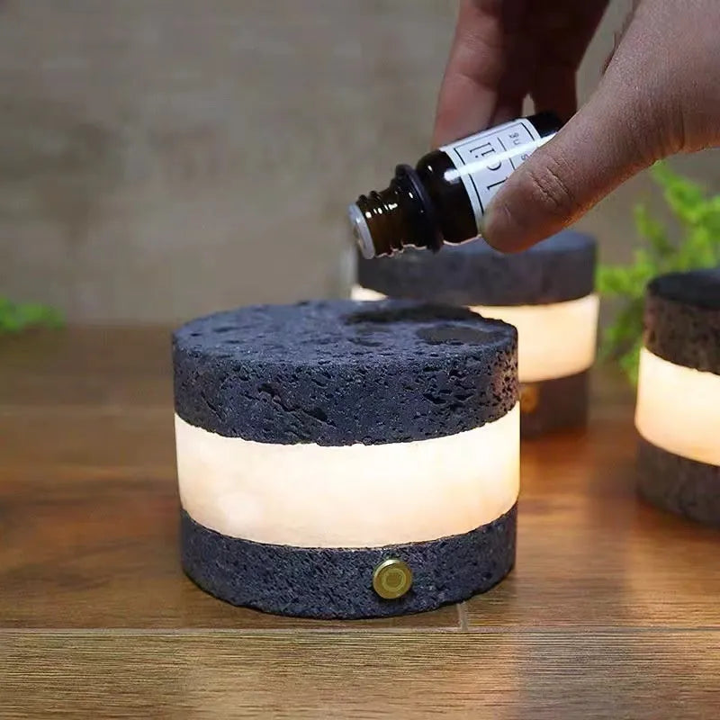 Orange volcanic rock USB night light with essential oil diffuser measuring 9cm by 7.5cm
