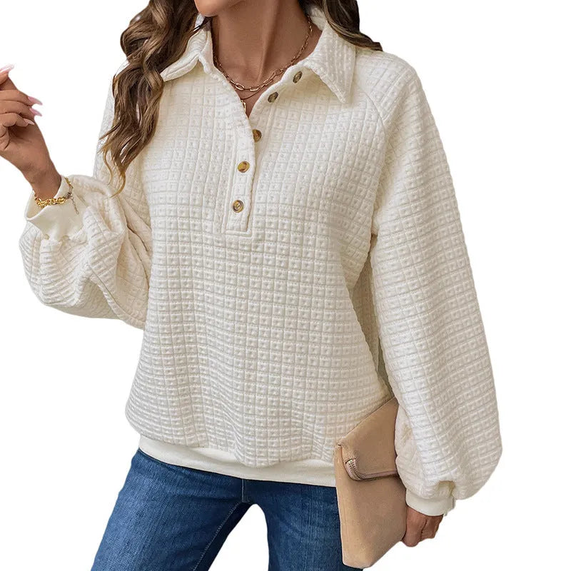 Women's textured polo collar sweater in milky white beige thickened polyester knit