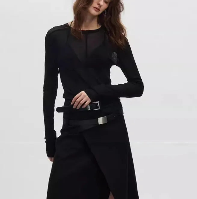 Black slim-fit women's pullover with mesh see-through texture and long sleeves