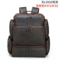 Dark brown genuine leather backpack with 17-inch laptop compartment and multiple organisational pockets