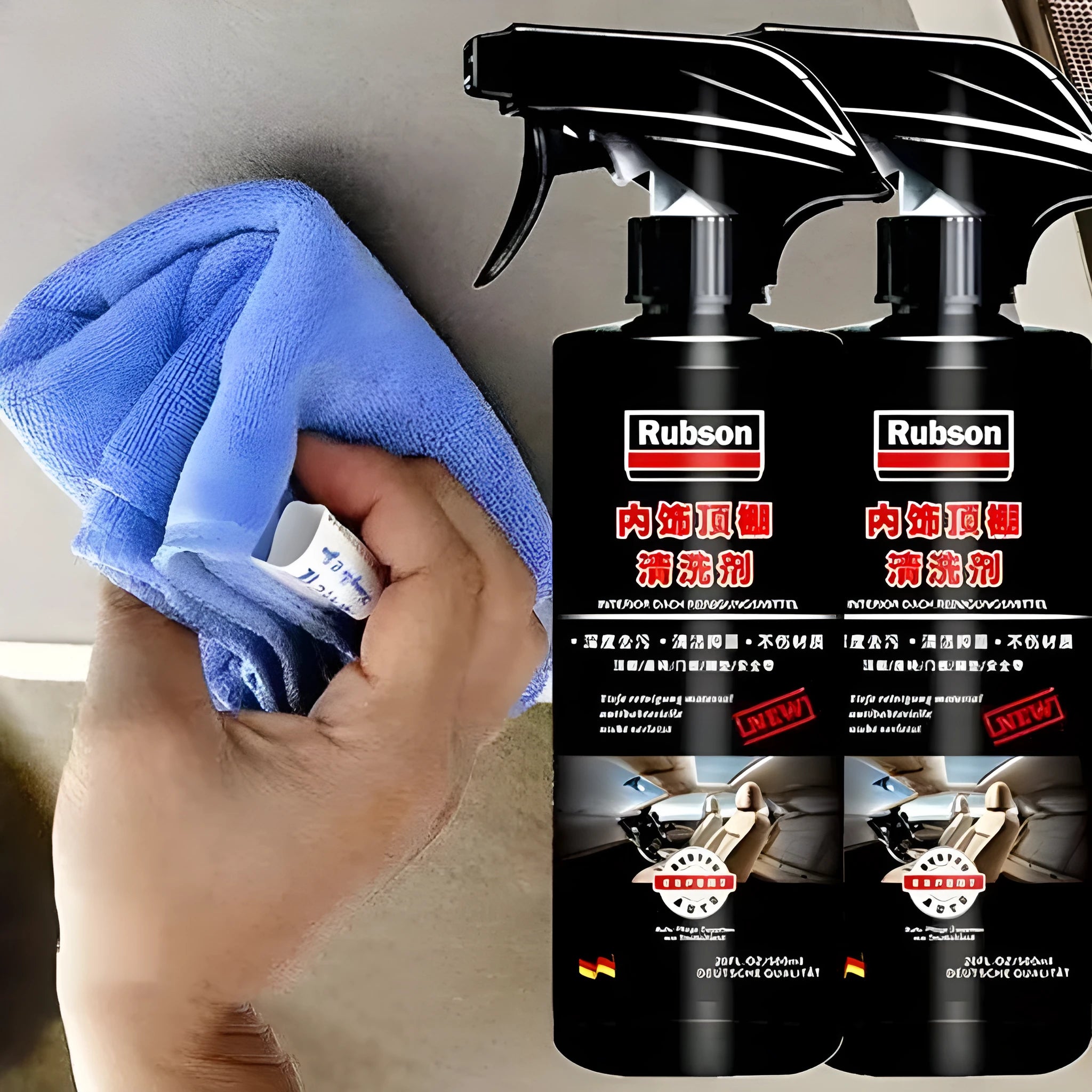 Wash-free fabric roof foam decontamination cleaner bottle with towel and sponge wipes for car interior cleaning