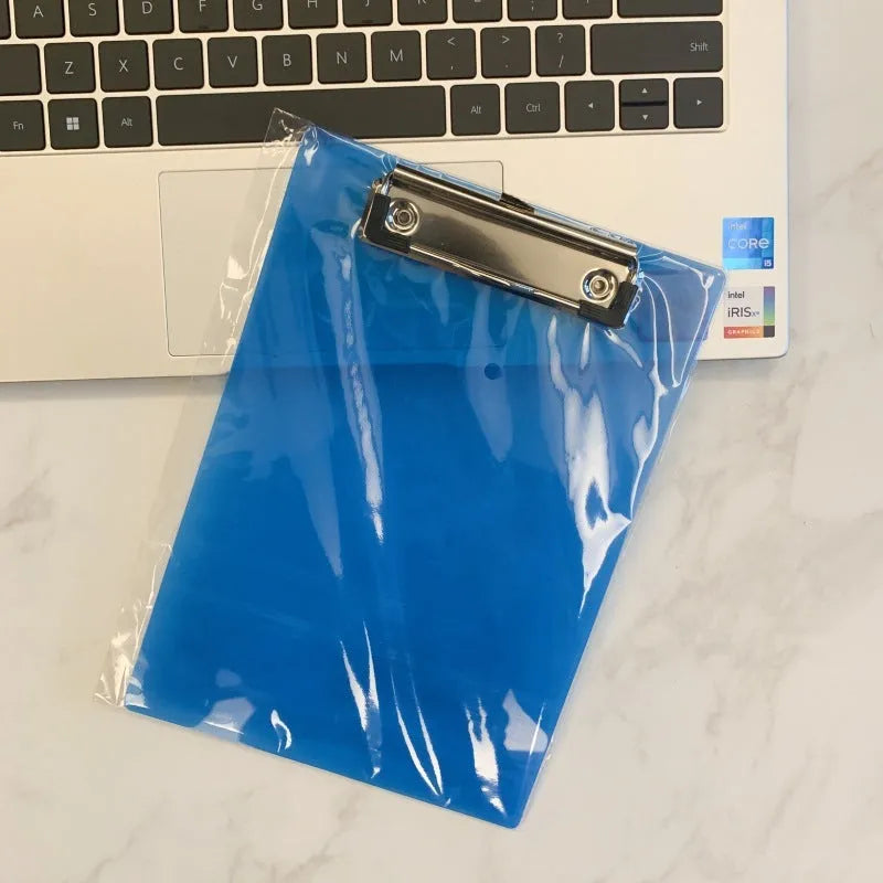 A4 and A5 transparent PP writing board with metal clip, shown in multiple colour options.