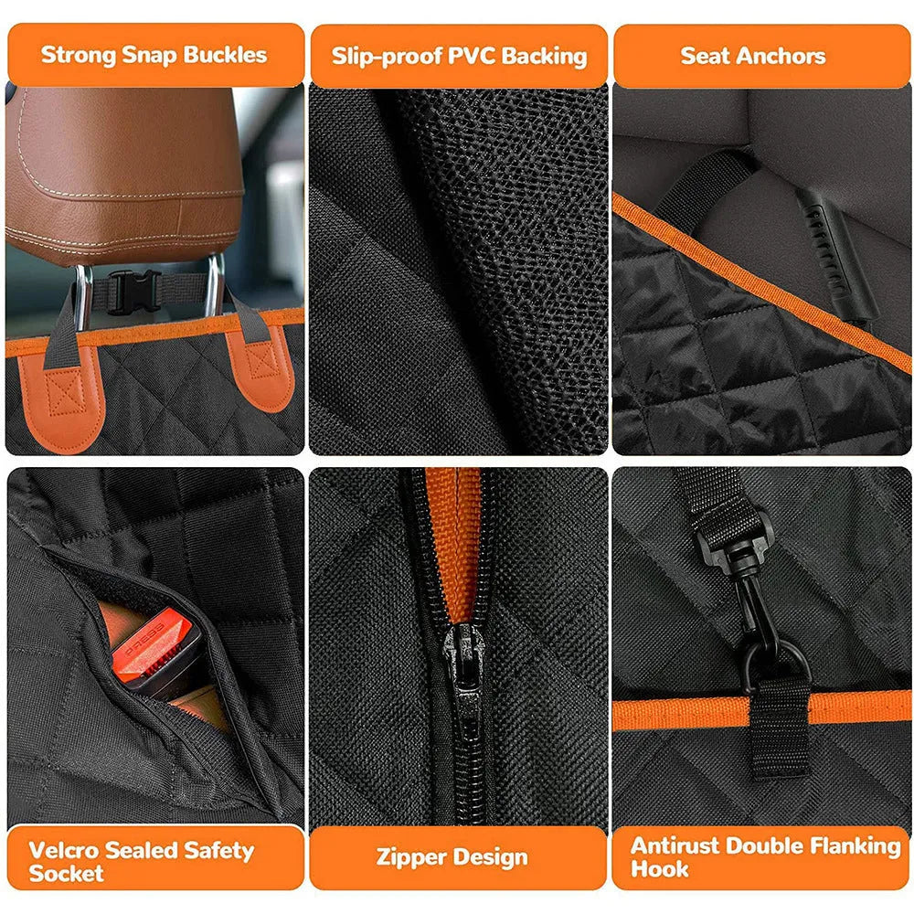 Black waterproof dog car hammock with orange edge, installed on rear seats with mesh window visible.