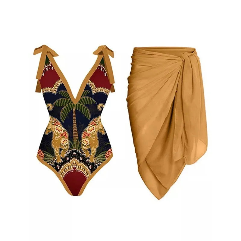 Women's solid colour one-piece swimsuit with spaghetti straps and an attached skirt.