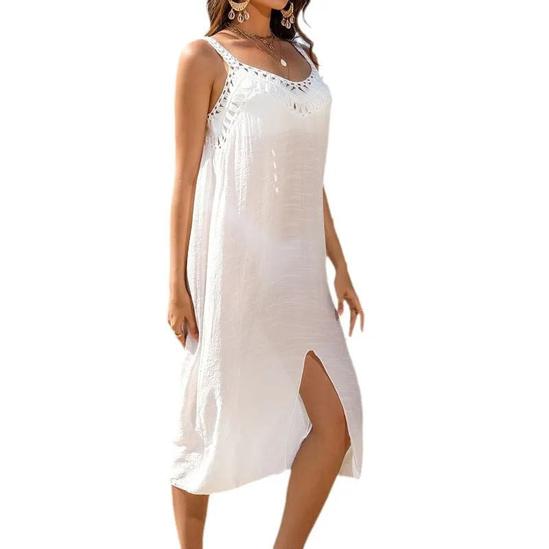 White crochet beach dress with hollow weave and side slit for women