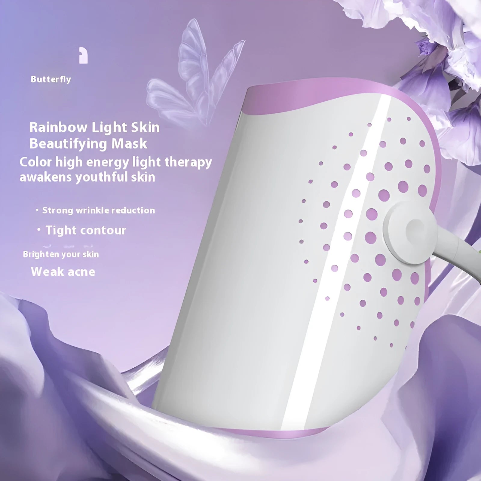 White and purple photon beauty mask with plug-in power cord for home light therapy treatments