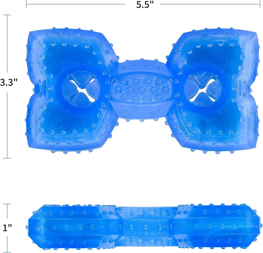 Freezable bone-shaped and circle-shaped dog cooling chew toy filled with purified water.