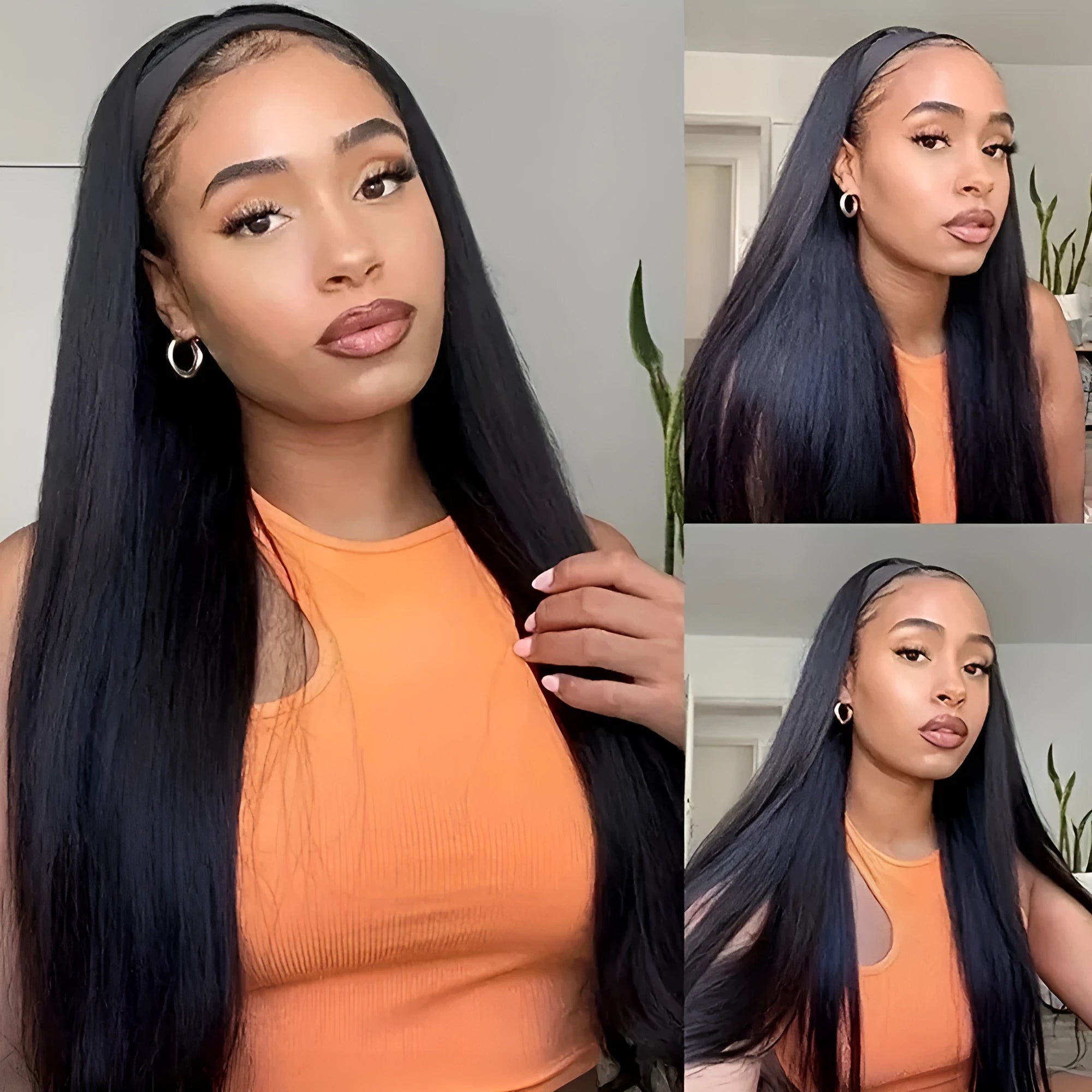 Headband wig with high temperature fibre hair in black straight, black curly and wine red options