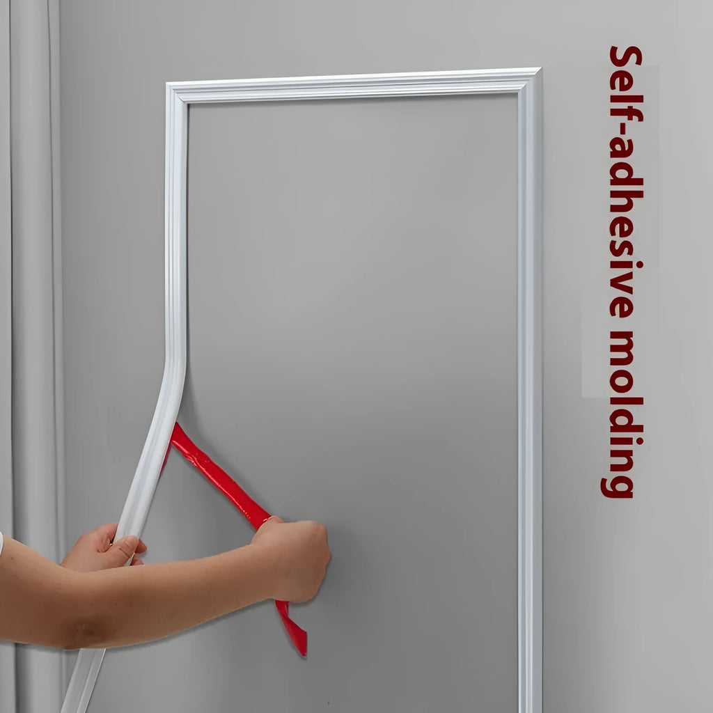 Flexible PVC self-adhesive background wall shaping frame on a white surface, showing black, gold, silver, and white colour options.