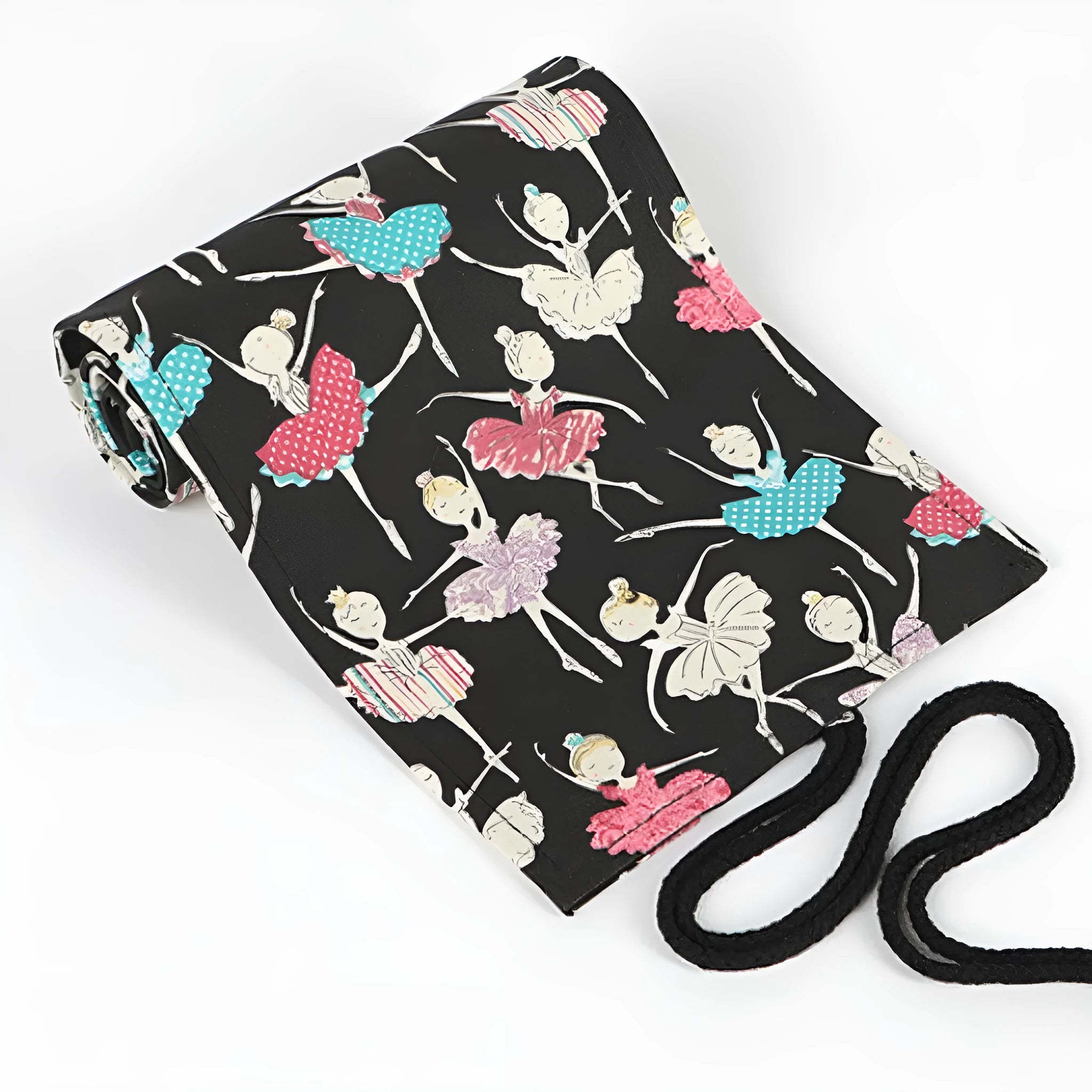 Canvas rolling pencil case with ballet girl print, showing multiple holes for pencils in a rolled-open state.