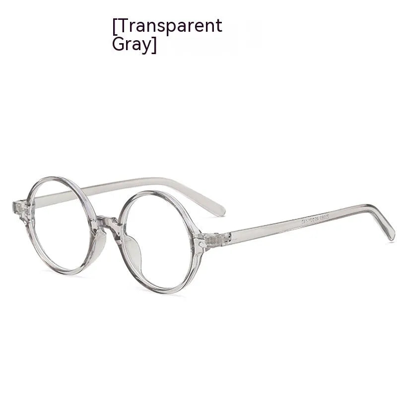 Retro round glasses with no diopters in bright black, sand black, tofu pudding, and transparent grey colours