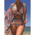Women's cross bandage bikini swimsuit three-piece set with high waist and split veils detail