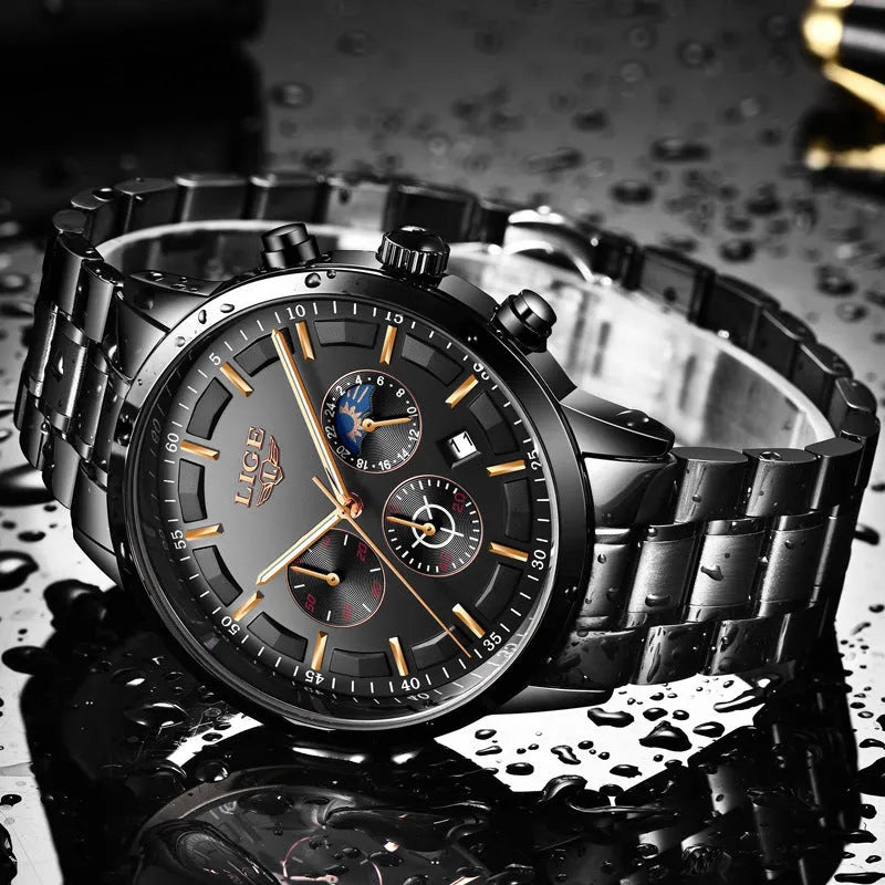 Men's waterproof moon phase quartz watch with stainless steel case in black, blue or rose gold colour options