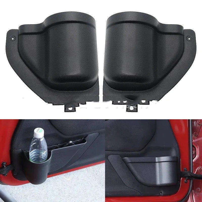 Black ABS door storage box for Jeep Wrangler JK and JL models mounted on interior door panel
