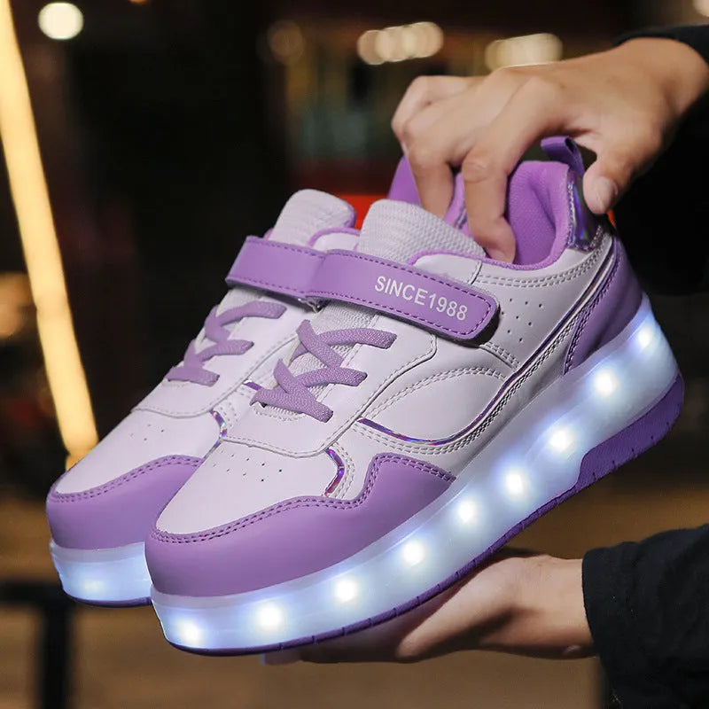 Children's roller skates with LED lights in pink, purple, black or white with two or four wheels