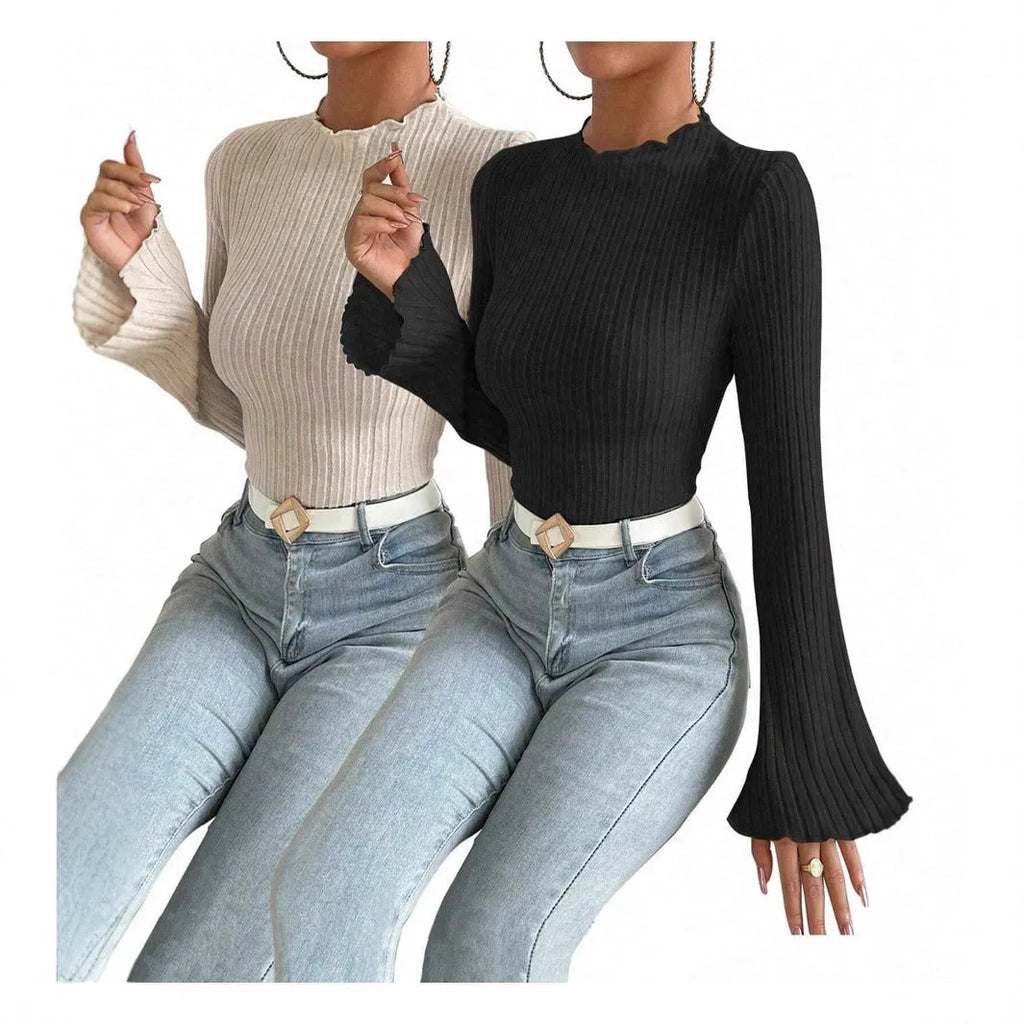 Long sleeve round neck top with lantern sleeves in black brushed polyester fabric