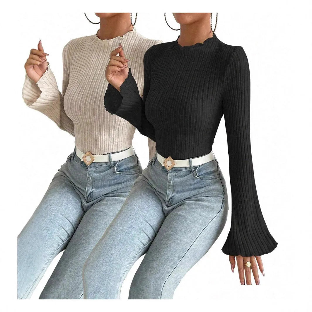 Long sleeve round neck top with lantern sleeves in black brushed polyester fabric