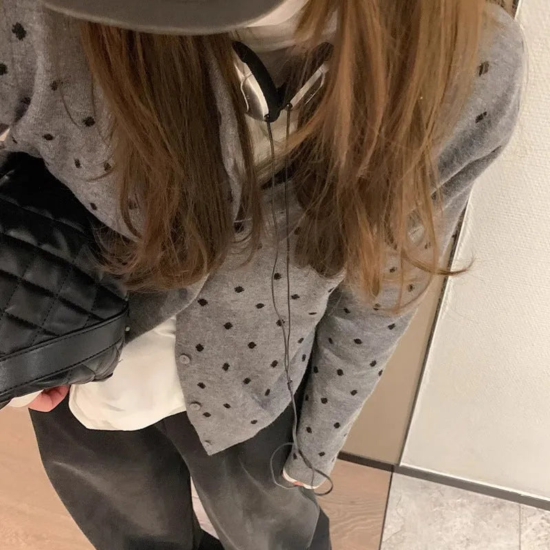 Women's Korean-style gray dot knitted cardigan with crocheted flower detail in black or gray colour