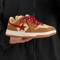 Brown women's casual sneakers with platform heel and sequin details on the PU upper.