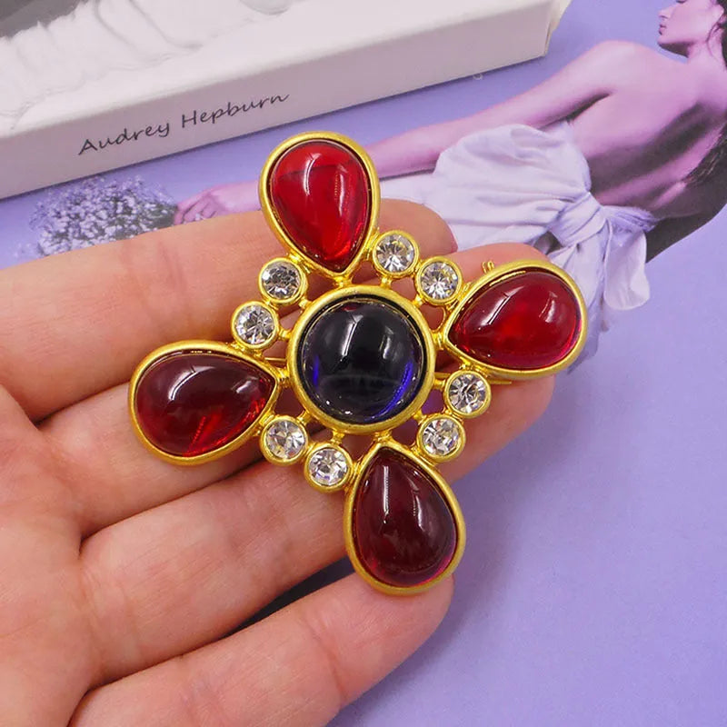 Medieval baroque crystal cross brooch in vintage style with eight colour variations