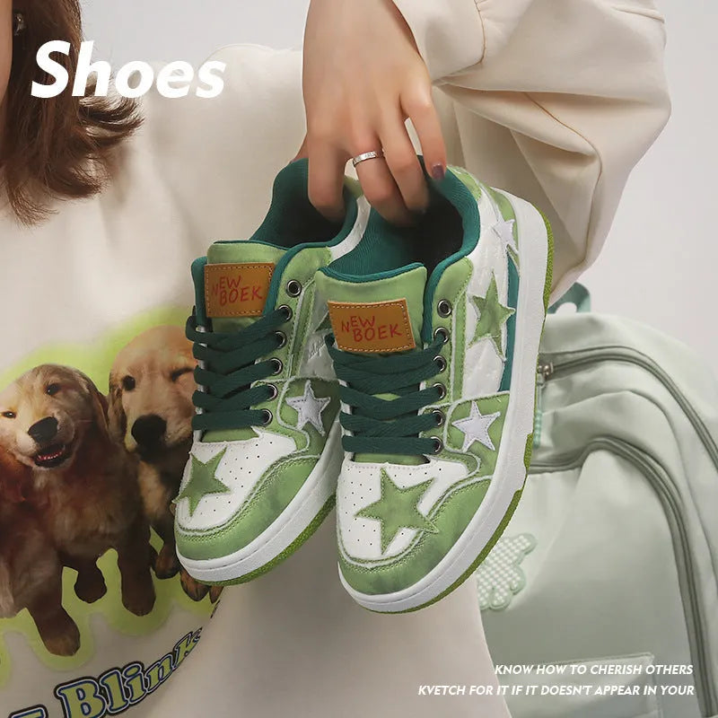 Denim skateboard shoes with lace-up front, round toe, and stitching details in black, green, or pink colours