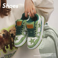 Denim skateboard shoes with lace-up front, round toe, and stitching details in black, green, or pink colours