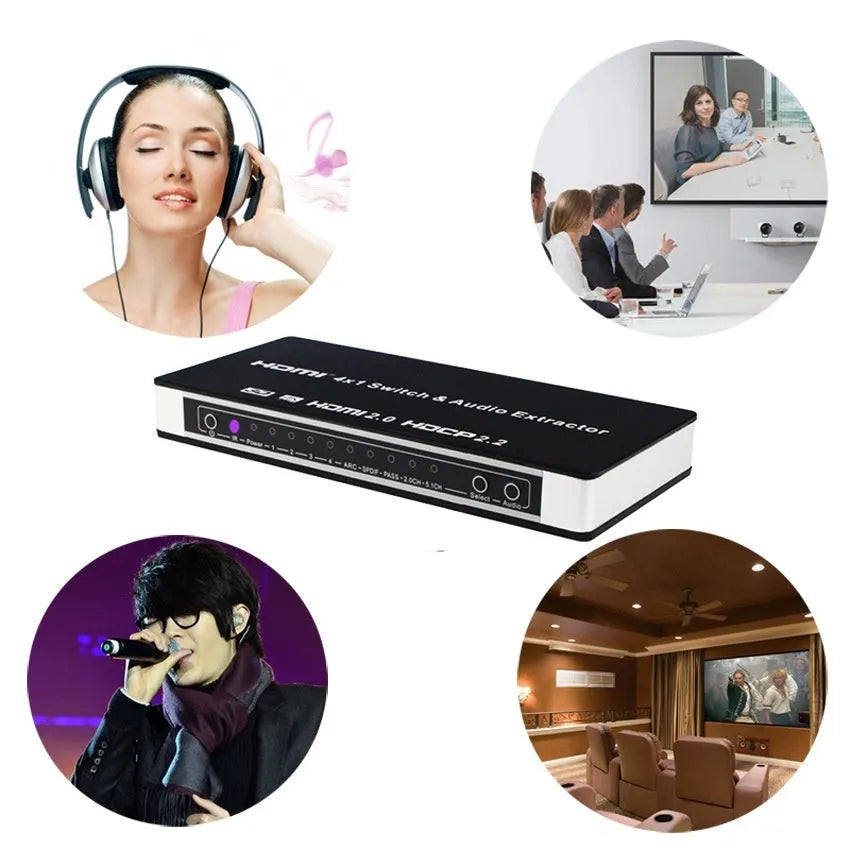 Black 4-in 1-out HDMI audio extractor switch with remote control on a dark surface.