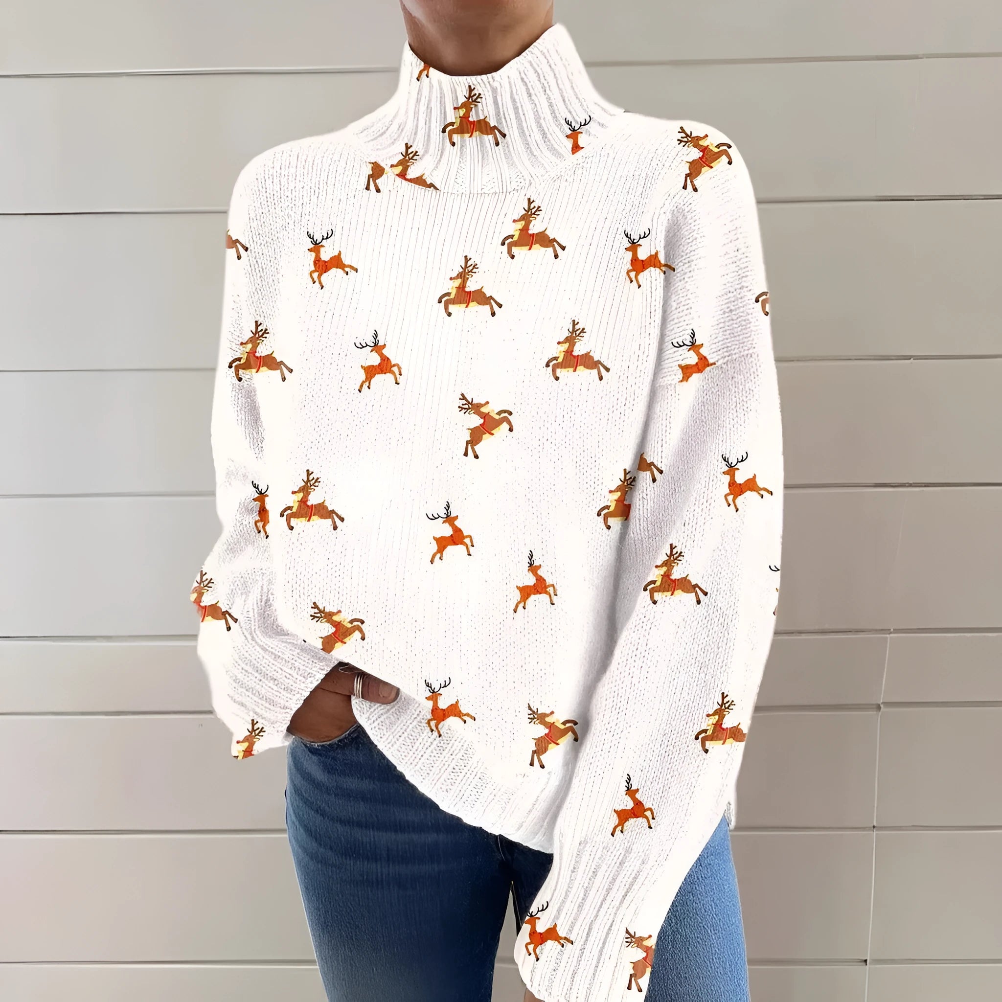 Women's Christmas printed turtleneck sweater in loose fit with festive painting pattern design