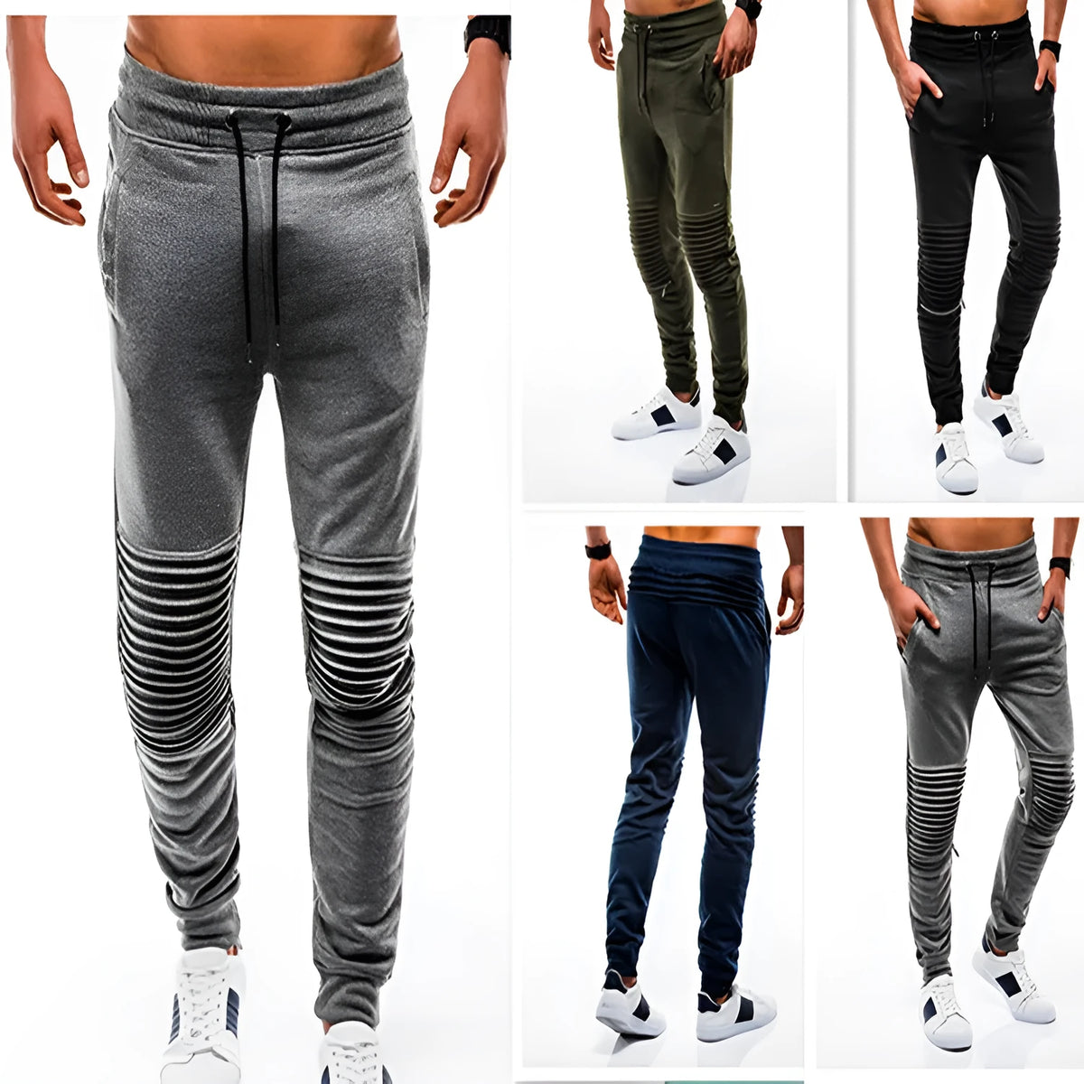 Men's cotton blend straight leg casual trousers with ribbed hem in grey, black, navy blue or army green