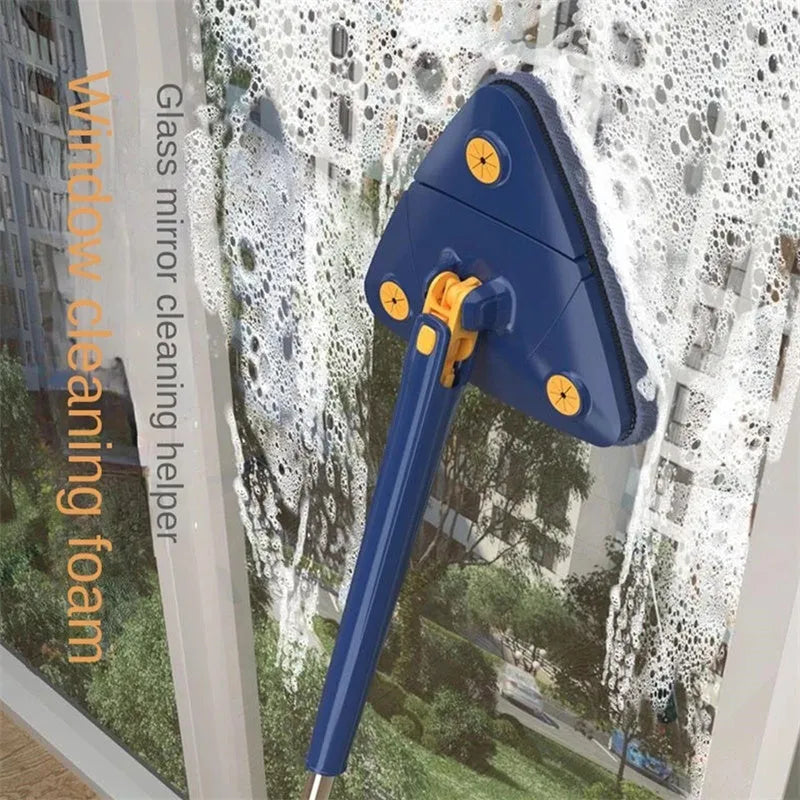 Blue extendable triangle cleaning mop with 360-degree rotating head on a stainless steel pole.