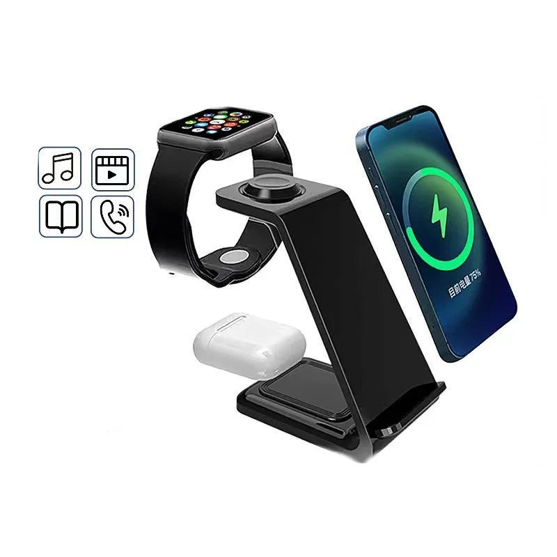 White 3-in-1 upright wireless phone charger with mobile device displayed at viewing angle