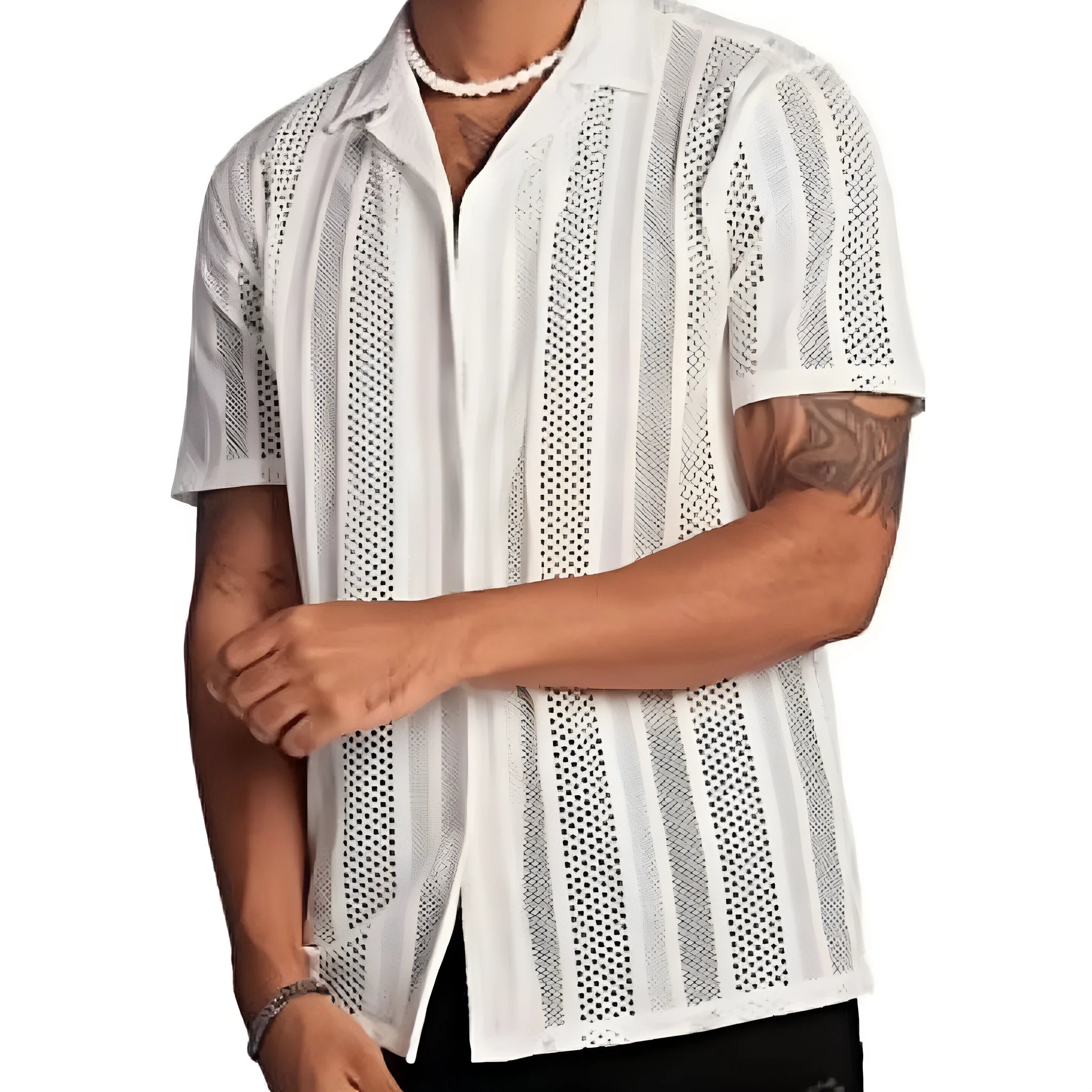 Men's black knitted short-sleeved shirt with jacquard texture and button front in cardigan style