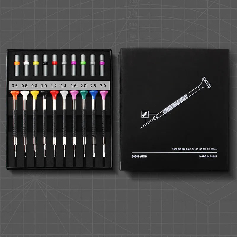 Watch repair screwdriver set with 10 pieces and 20 spare bits in boxed cross format