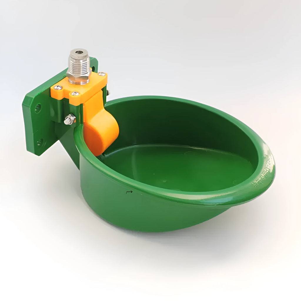 Green plastic livestock drinking bowl with auto water nozzle for farm troughs