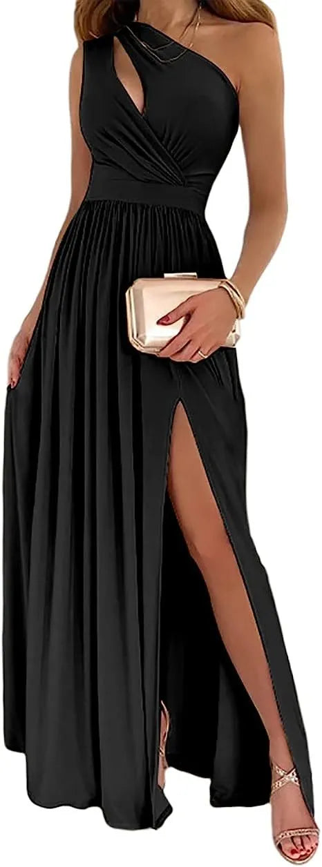 Women's apricot one shoulder high split maxi dress with cutout detail, sleeveless design
