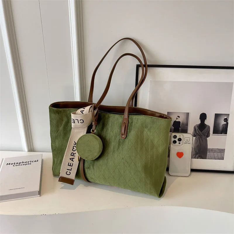 Soft polyester horizontal square tote shoulder bag with sandwich pockets in green colour option