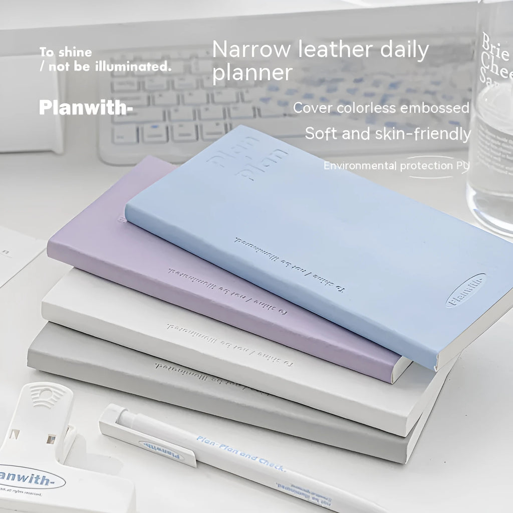 Embossed A5 daily meter book notebook showing blue, grey, purple, and white cover colour options.