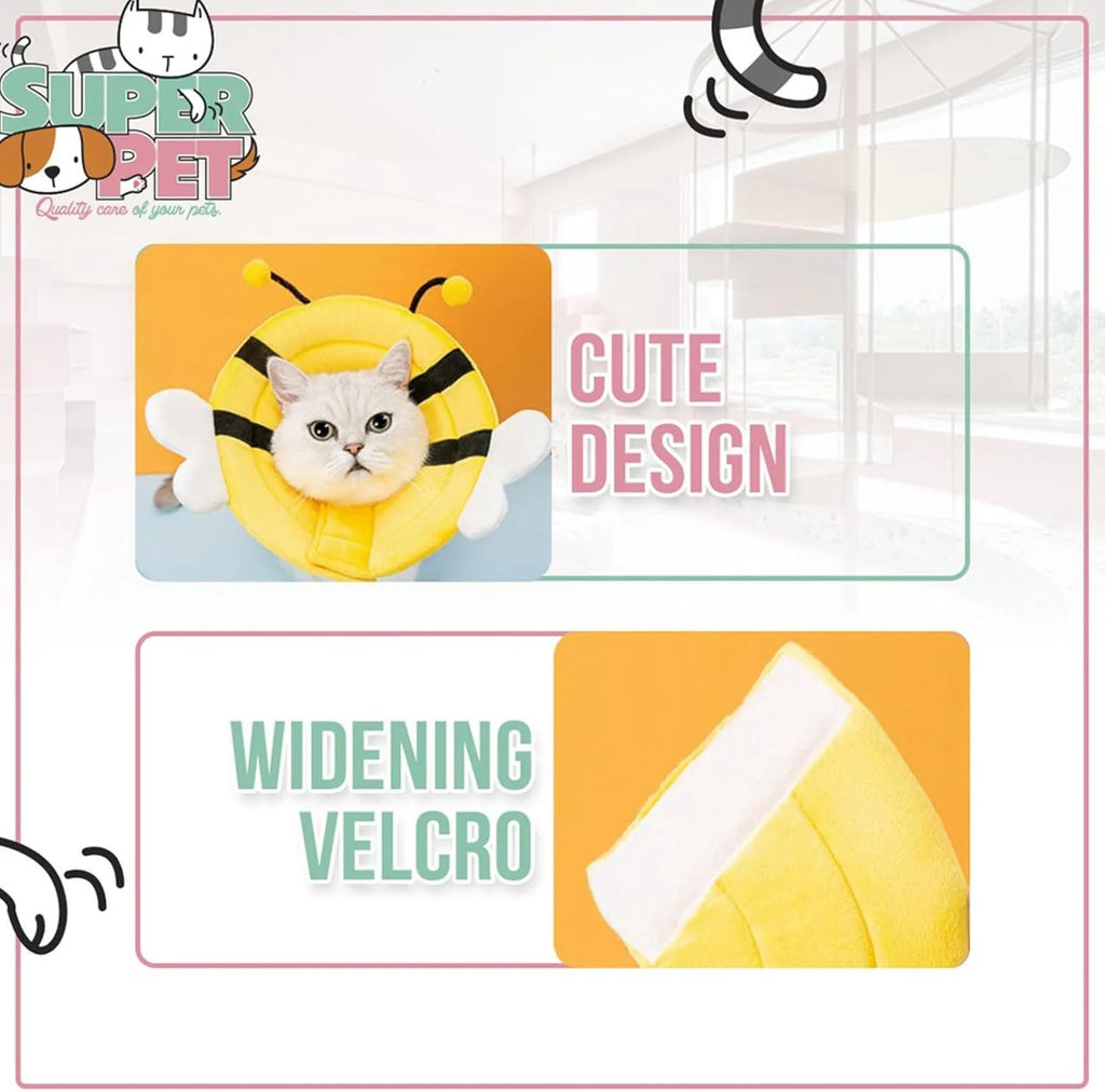 Soft white cat cone collar with black bee design and adjustable Velcro closure.