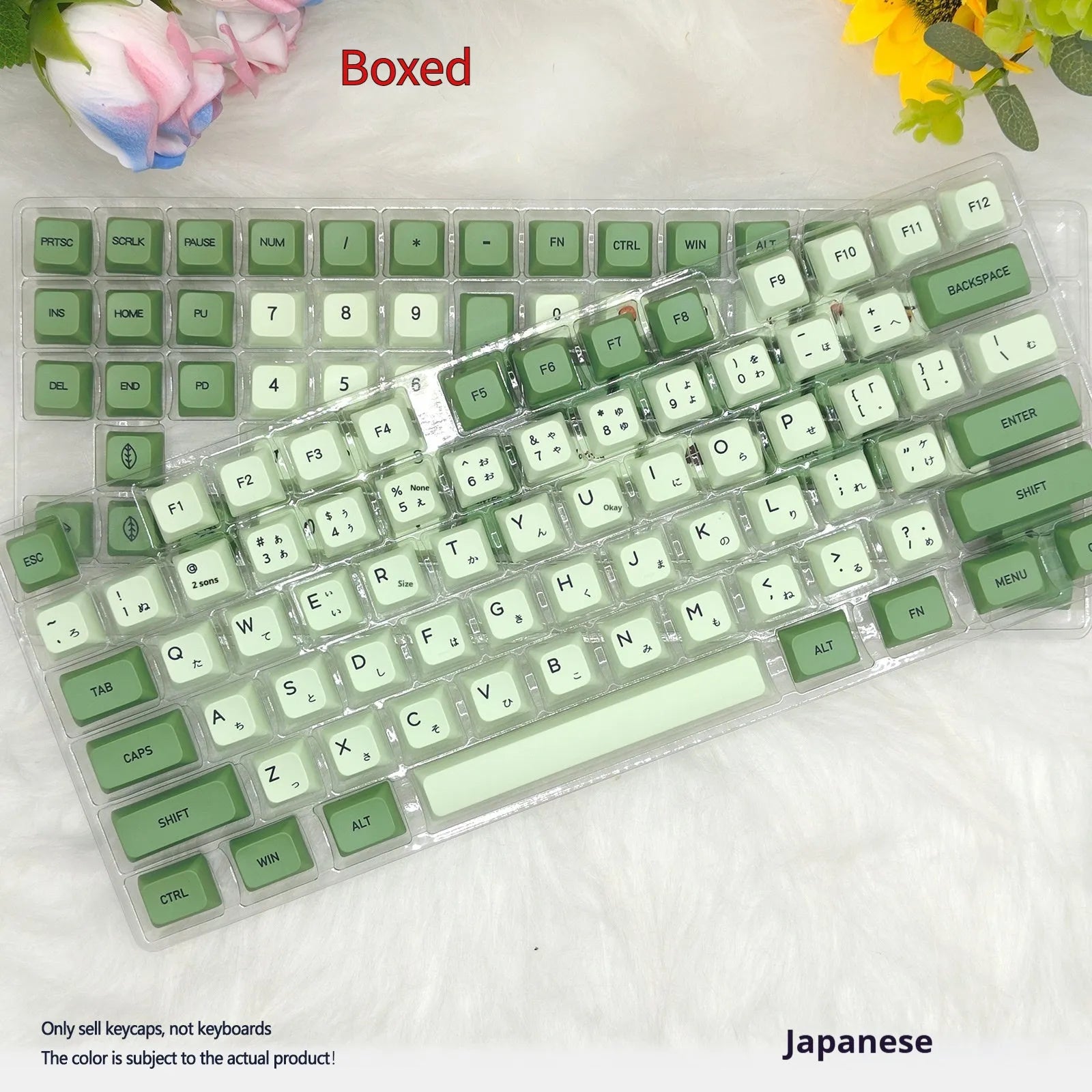 124 PBT keycaps with matcha green colour and white doubleshot legends for mechanical keyboards.