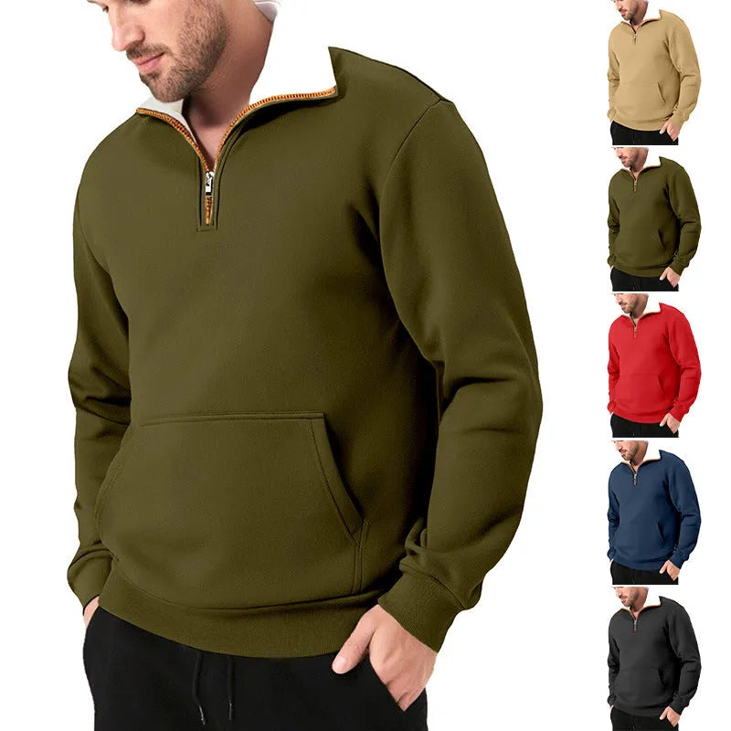 Men's colour-block zip knit sweater, short sleeve polyester fleece pullover, five colours, sizes S-XXXL