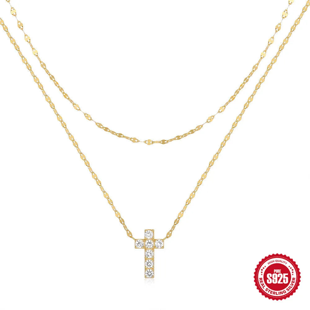 S925 sterling silver double layer twin diamond cross pendant necklace with clavicle chain