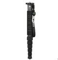 Black carbon fibre SLR camera monopod with 6 telescoping sections shown at extended height