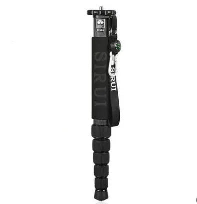 Black carbon fibre SLR camera monopod with 6 telescoping sections shown at extended height