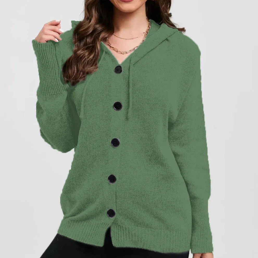 Women's zip-front hooded cardigan sweater in thick cotton fabric, loose fit with long sleeves