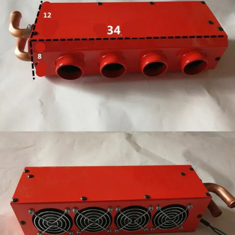 Compact metal 12V 24V car heater with four copper pipes and manual control, dimensions 34cm by 12cm by 8cm.