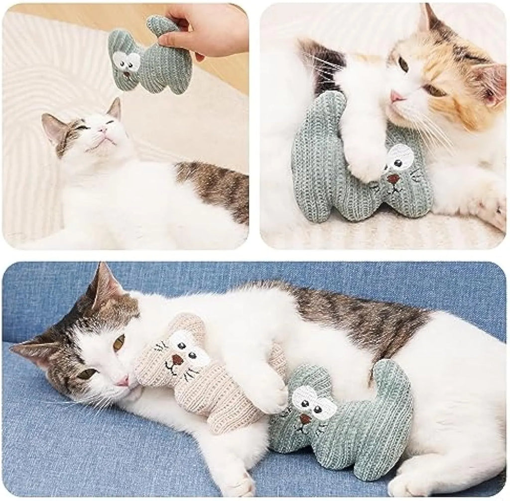 Cyan and light coffee plush cat toy with rope and bell for catnip play