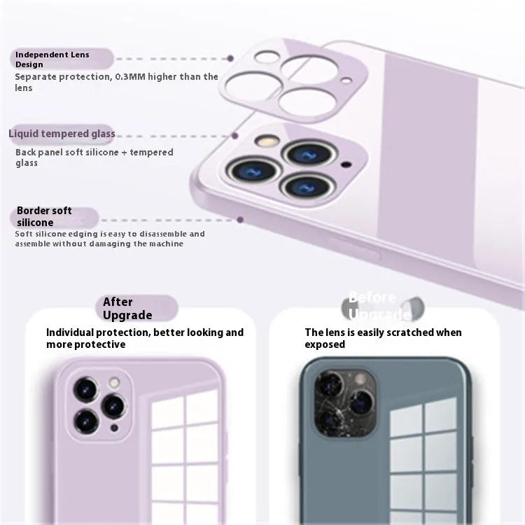 Liquid silicone tempered glass phone case for iPhone 12-14 Pro Max in black, blue gray, cherry purple, granny grey, white