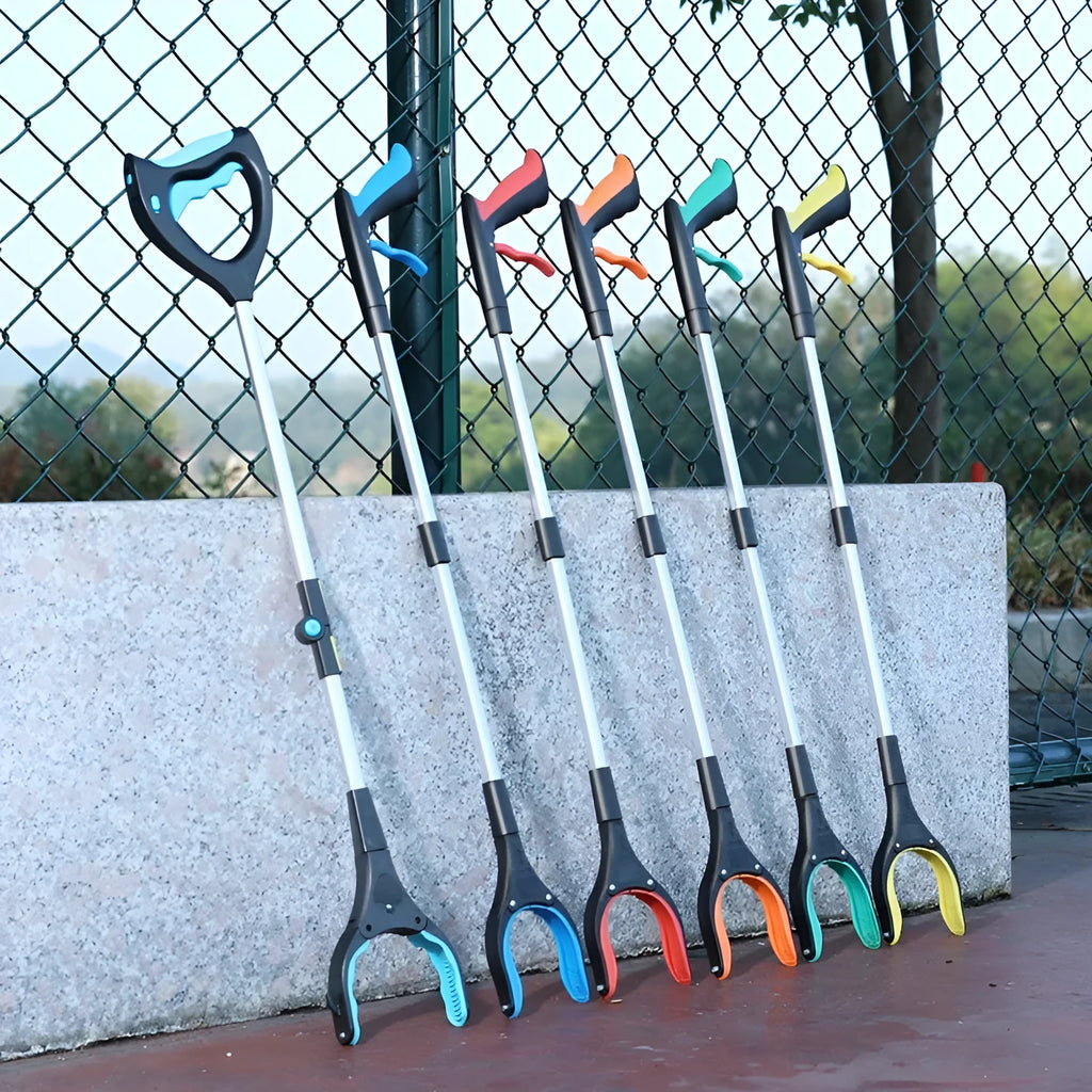 Blue plastic and aluminium alloy sewer pliers clip tool on a work surface.
