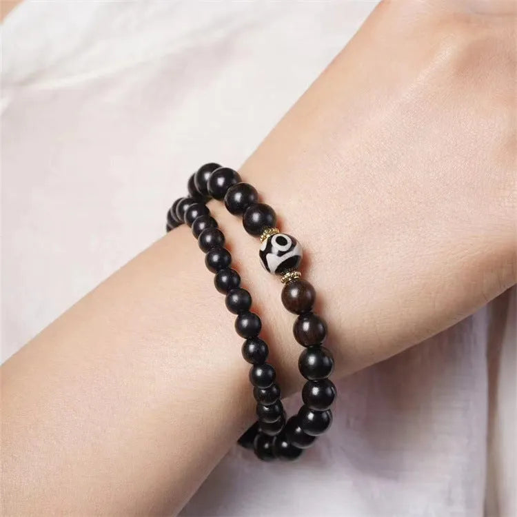 Ebony Tibet beads bracelet with 8mm wooden beads in two-circle retro design