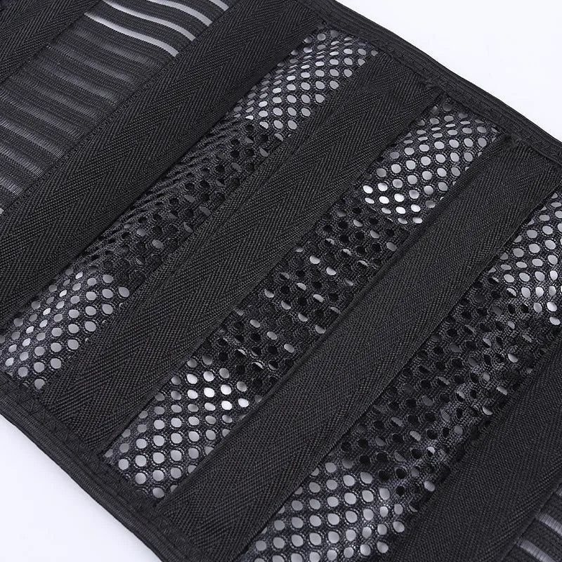 Black breathable sports waist support with steel plate for lumbar decompression.
